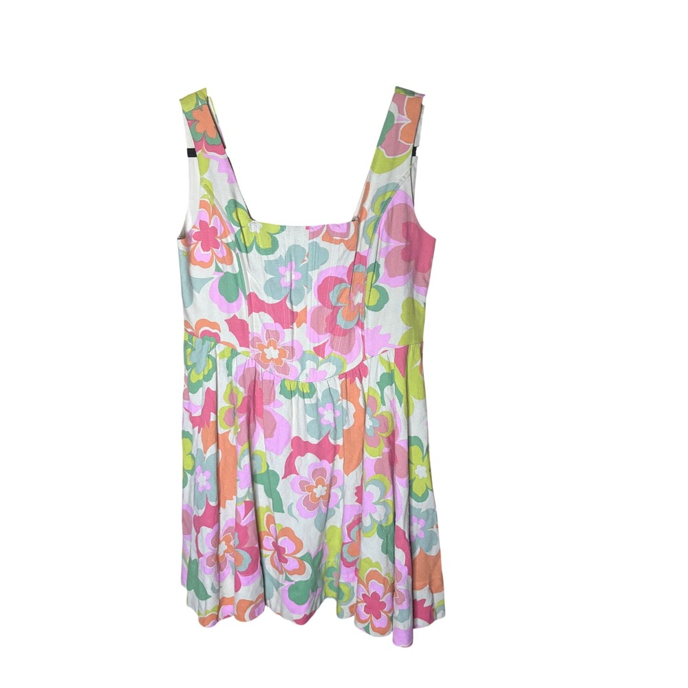 In The Beginning Floral Linen Blend Corset Mini Dress Pink Orange Green Size M
